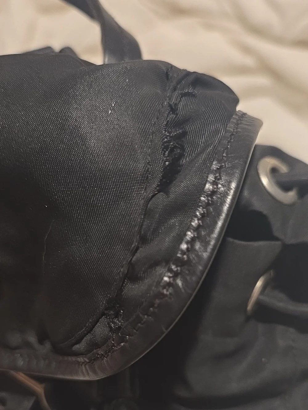 Prada Black Nylon Drawstring Backpack with Leather Trim